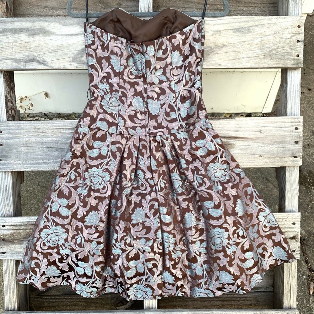 Jessica McClintock brown blue metallic floral vintage 90s prom cocktail dress - Picture 2 of 7
